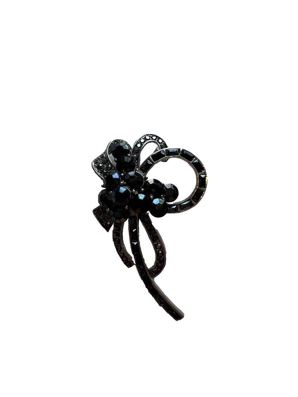 Vintage Floral and Ribbon Brooch Silver Tone Black Rhinestones Blackberry Style